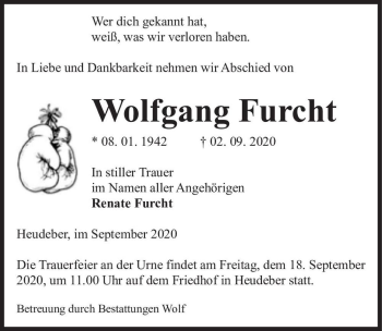 Traueranzeige von Wolfgang Furcht  von Magdeburger Volksstimme
