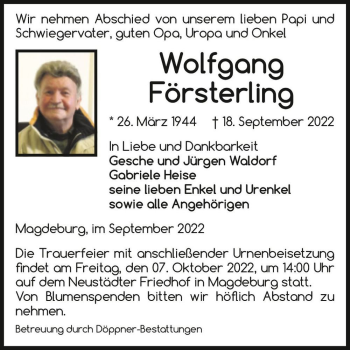 Traueranzeige von Wolfgang Försterling  von Magdeburger Volksstimme