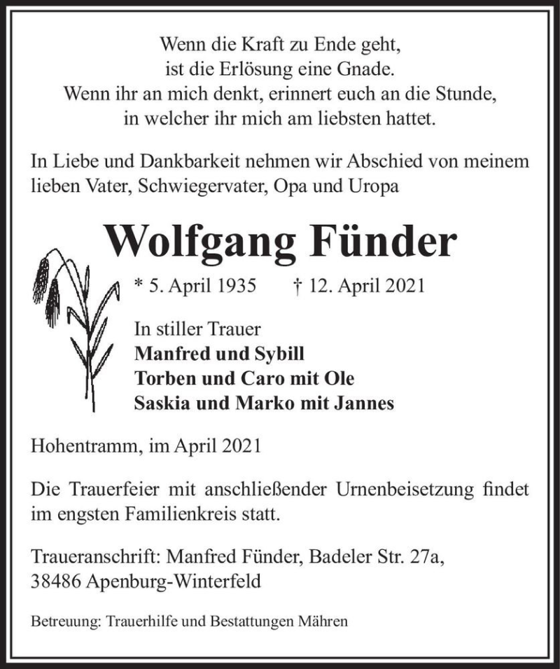  Traueranzeige für Wolfgang Fünder  vom 14.04.2021 aus Magdeburger Volksstimme