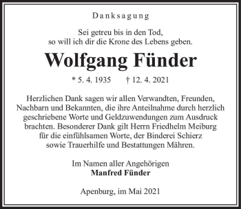 Traueranzeige von Wolfgang Fünder  von Magdeburger Volksstimme