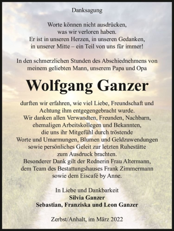 Traueranzeige von Wolfgang Ganzer  von Magdeburger Volksstimme