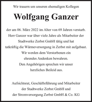 Traueranzeige von Wolfgang Ganzer  von Magdeburger Volksstimme