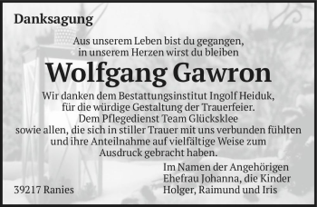 Traueranzeige von Wolfgang Gawron  von Magdeburger Volksstimme