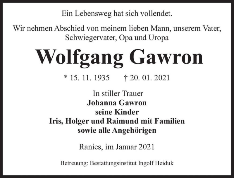  Traueranzeige für Wolfgang Gawron  vom 23.01.2021 aus Magdeburger Volksstimme