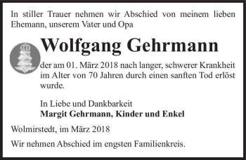 Traueranzeige von Wolfgang Gehrmann  von Magdeburger Volksstimme