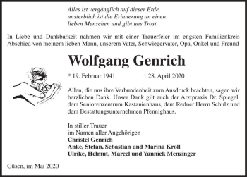 Traueranzeige von Wolfgang Genrich  von Magdeburger Volksstimme