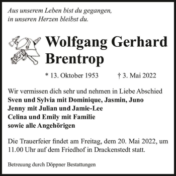 Traueranzeige von Wolfgang Gerhard Brentrop  von Magdeburger Volksstimme