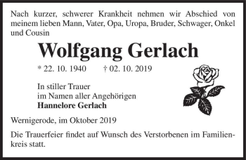 Traueranzeige von Wolfgang Gerlach  von Magdeburger Volksstimme