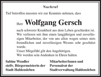 Traueranzeige von Wolfgang Gersch  von Magdeburger Volksstimme