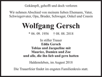 Traueranzeige von Wolfgang Gersch  von Magdeburger Volksstimme
