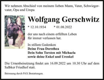 Traueranzeige von Wolfgang Gerschwitz  von Magdeburger Volksstimme
