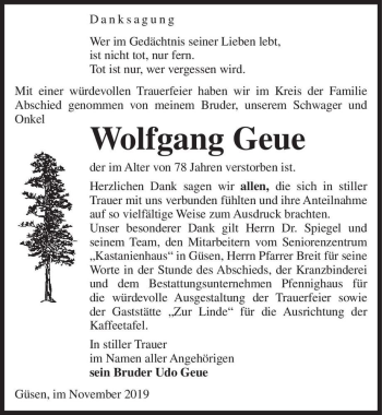 Traueranzeige von Wolfgang Geue  von Magdeburger Volksstimme