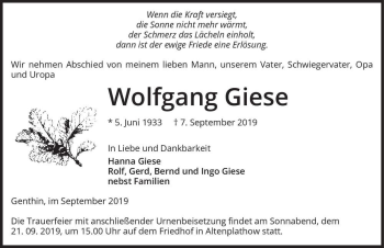 Traueranzeige von Wolfgang Giese  von Magdeburger Volksstimme