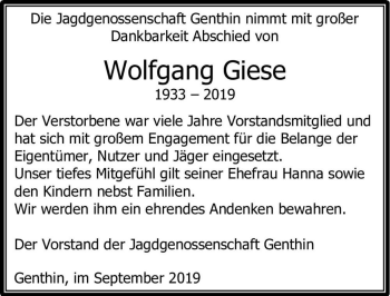 Traueranzeige von Wolfgang Giese  von Magdeburger Volksstimme