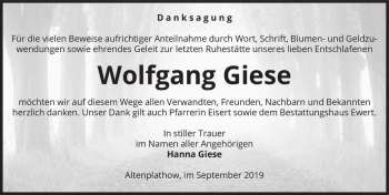 Traueranzeige von Wolfgang Giese  von Magdeburger Volksstimme