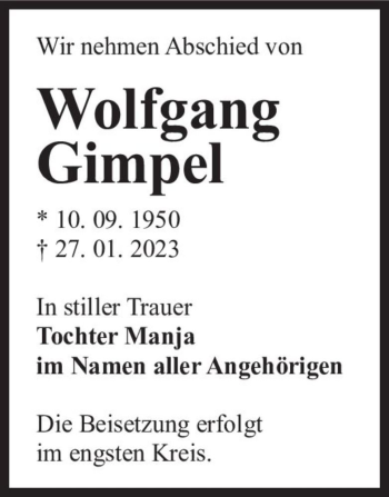 Traueranzeige von Wolfgang Gimpel  von Magdeburger Volksstimme