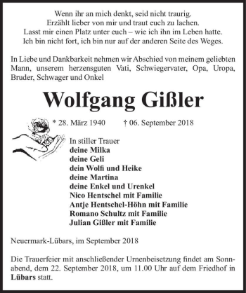 Traueranzeige von Wolfgang Gißler  von Magdeburger Volksstimme