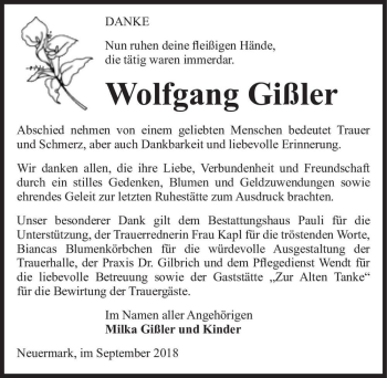 Traueranzeige von Wolfgang Gißler  von Magdeburger Volksstimme