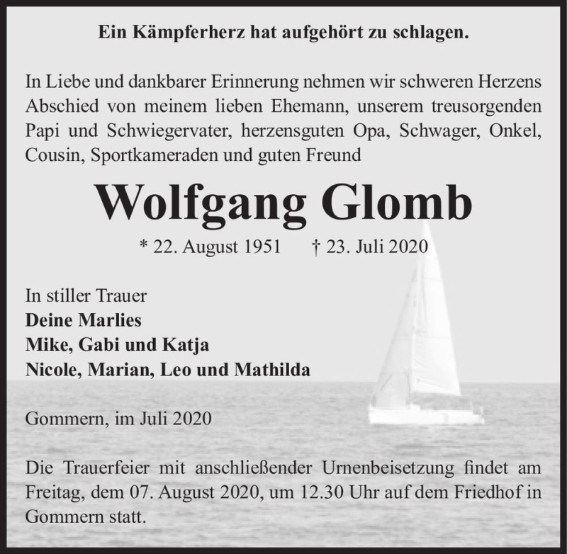  Traueranzeige für Wolfgang Glomb  vom 01.08.2020 aus Magdeburger Volksstimme