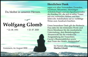 Traueranzeige von Wolfgang Glomb  von Magdeburger Volksstimme