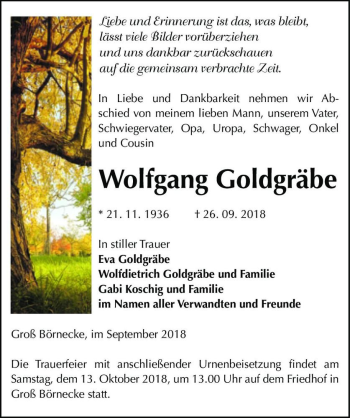 Traueranzeige von Wolfgang Goldgräbe  von Magdeburger Volksstimme