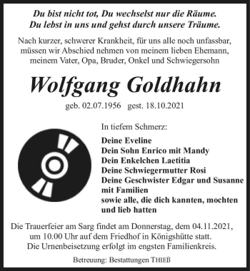 Traueranzeige von Wolfgang Goldhahn  von Magdeburger Volksstimme