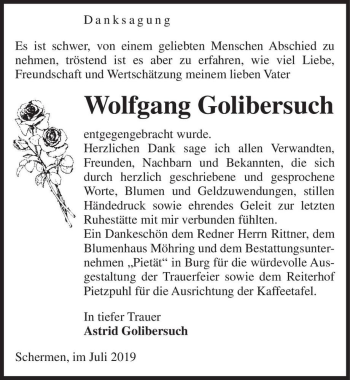 Traueranzeige von Wolfgang Golibersuch  von Magdeburger Volksstimme