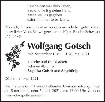 Traueranzeige von Wolfgang Gotsch  von Magdeburger Volksstimme