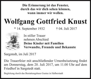Traueranzeige von Wolfgang Gottfried Knust  von Magdeburger Volksstimme
