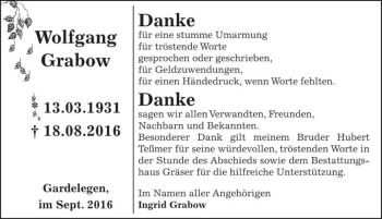 Traueranzeige von Wolfgang Grabow  von Magdeburger Volksstimme
