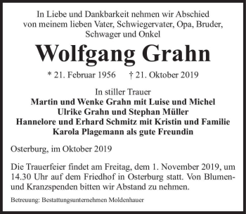 Traueranzeige von Wolfgang Grahn  von Magdeburger Volksstimme