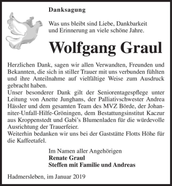 Traueranzeige von Wolfgang Graul  von Magdeburger Volksstimme