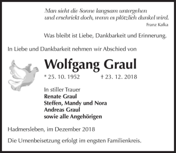 Traueranzeige von Wolfgang Graul  von Magdeburger Volksstimme
