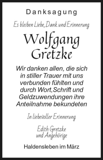 Traueranzeige von Wolfgang Gretzke  von Magdeburger Volksstimme