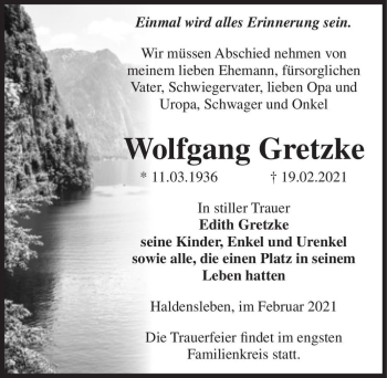 Traueranzeige von Wolfgang Gretzke  von Magdeburger Volksstimme