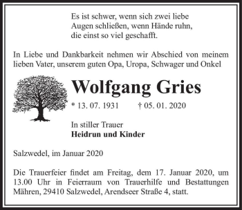 Traueranzeige von Wolfgang Gries  von Magdeburger Volksstimme