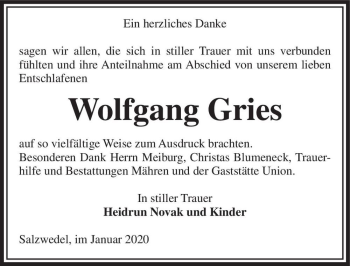 Traueranzeige von Wolfgang Gries  von Magdeburger Volksstimme