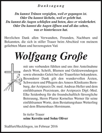 Traueranzeige von Wolfgang Große  von Magdeburger Volksstimme
