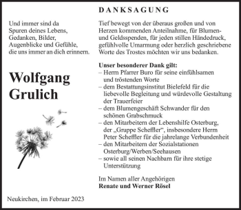 Traueranzeige von Wolfgang Grulich  von Magdeburger Volksstimme