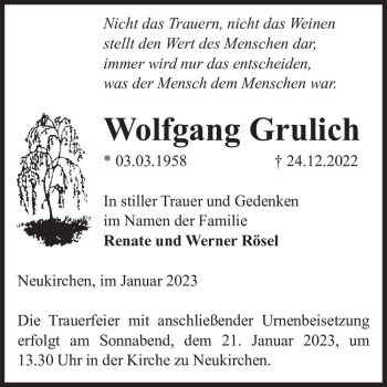 Traueranzeige von Wolfgang Grulich  von Magdeburger Volksstimme
