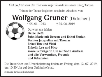 Traueranzeige von Wolfgang Gruner (Dickchen)  von Magdeburger Volksstimme