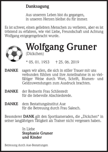 Traueranzeige von Wolfgang Gruner (Dickchen)  von Magdeburger Volksstimme