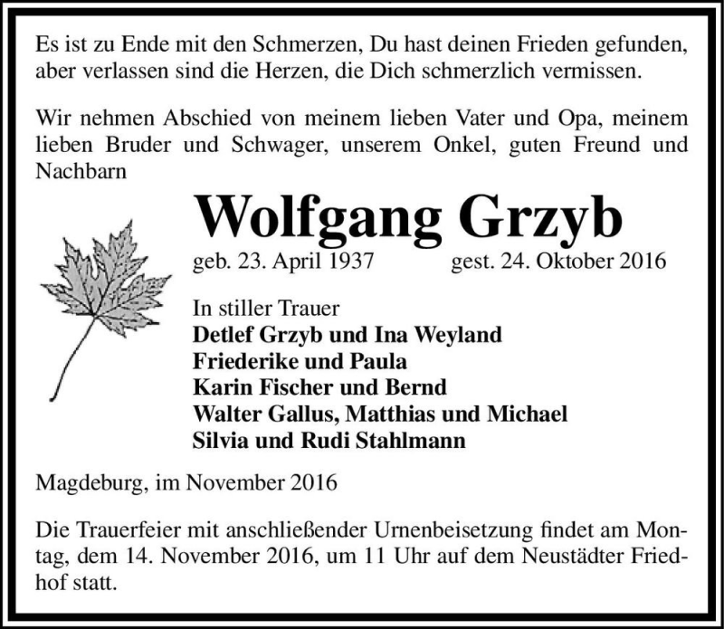  Traueranzeige für Wolfgang Grzyb  vom 05.11.2016 aus Magdeburger Volksstimme