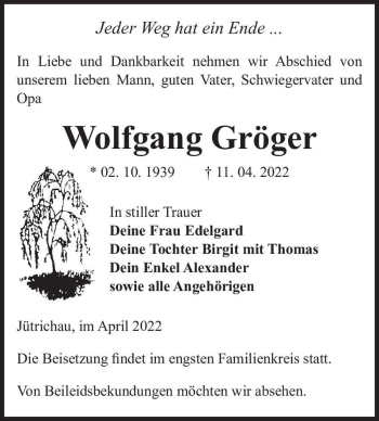 Traueranzeige von Wolfgang Gröger  von Magdeburger Volksstimme