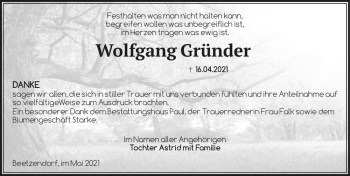Traueranzeige von Wolfgang Gründer  von Magdeburger Volksstimme