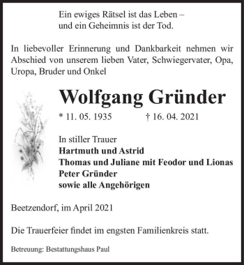 Traueranzeige von Wolfgang Gründer  von Magdeburger Volksstimme