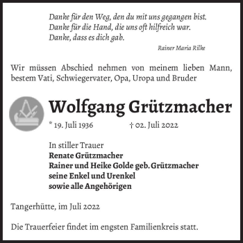 Traueranzeige von Wolfgang Grützmacher  von Magdeburger Volksstimme