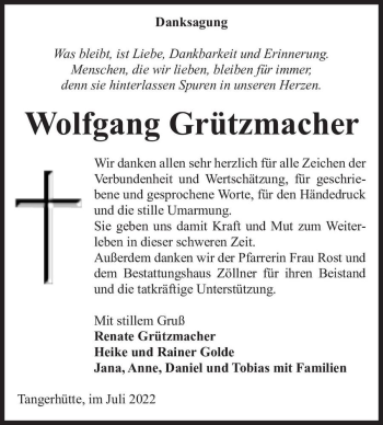 Traueranzeige von Wolfgang Grützmacher  von Magdeburger Volksstimme