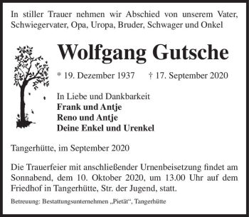 Traueranzeige von Wolfgang Gutsche  von Magdeburger Volksstimme