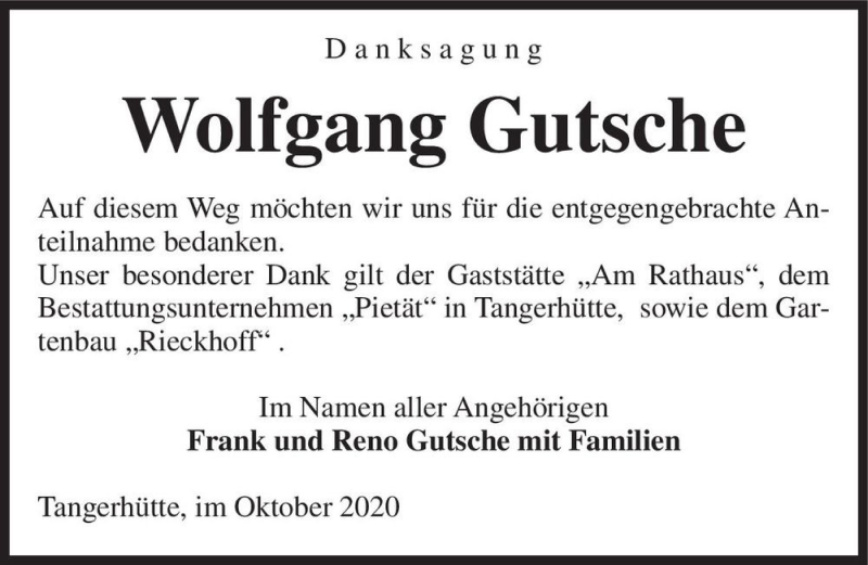  Traueranzeige für Wolfgang Gutsche  vom 17.10.2020 aus Magdeburger Volksstimme
